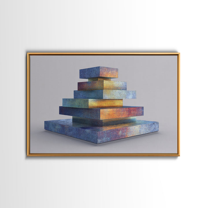 Stacked Iridescent Geometric Sculpture Canvas Print, Modern Abstract Art, Midcentury Decor, Colorful MCM Statement Piece
