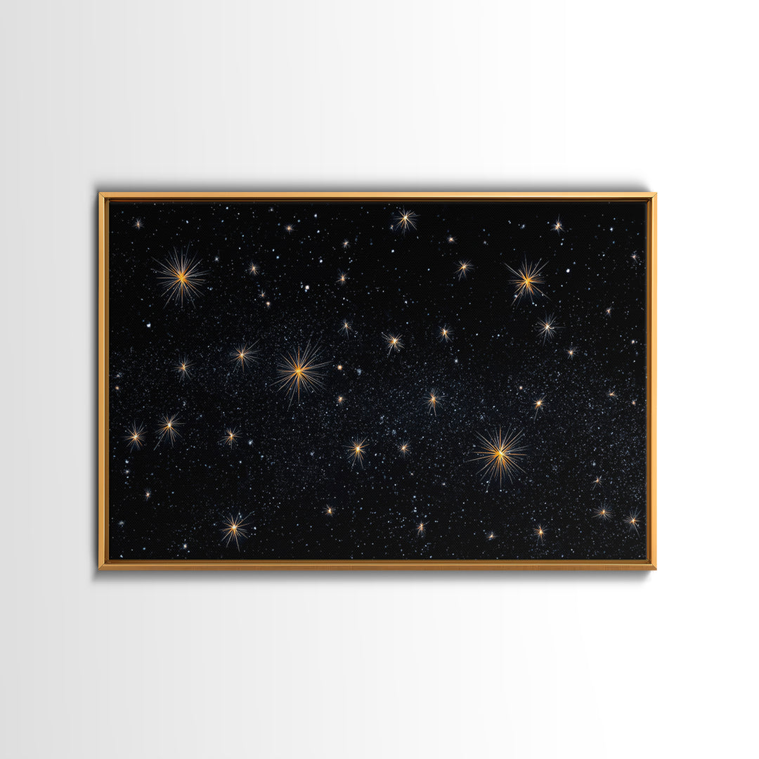 Black Night Sky With Golden Starbursts Wall Art, Cosmic Retro Art Print, Space Abstract Art, Modern Wall Decor, Bedroom Art Prints