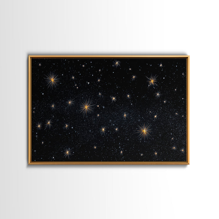Black Night Sky With Golden Starbursts Wall Art, Cosmic Retro Art Print, Space Abstract Art, Modern Wall Decor, Bedroom Art Prints