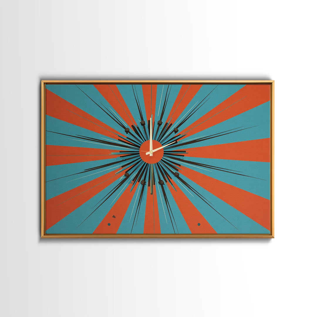 Orange Teal Atomic Starburst Framed Canvas Print, Midcentury Modern Wall Art, Retro Geometric Poster, MCM Decor, Living Room Art