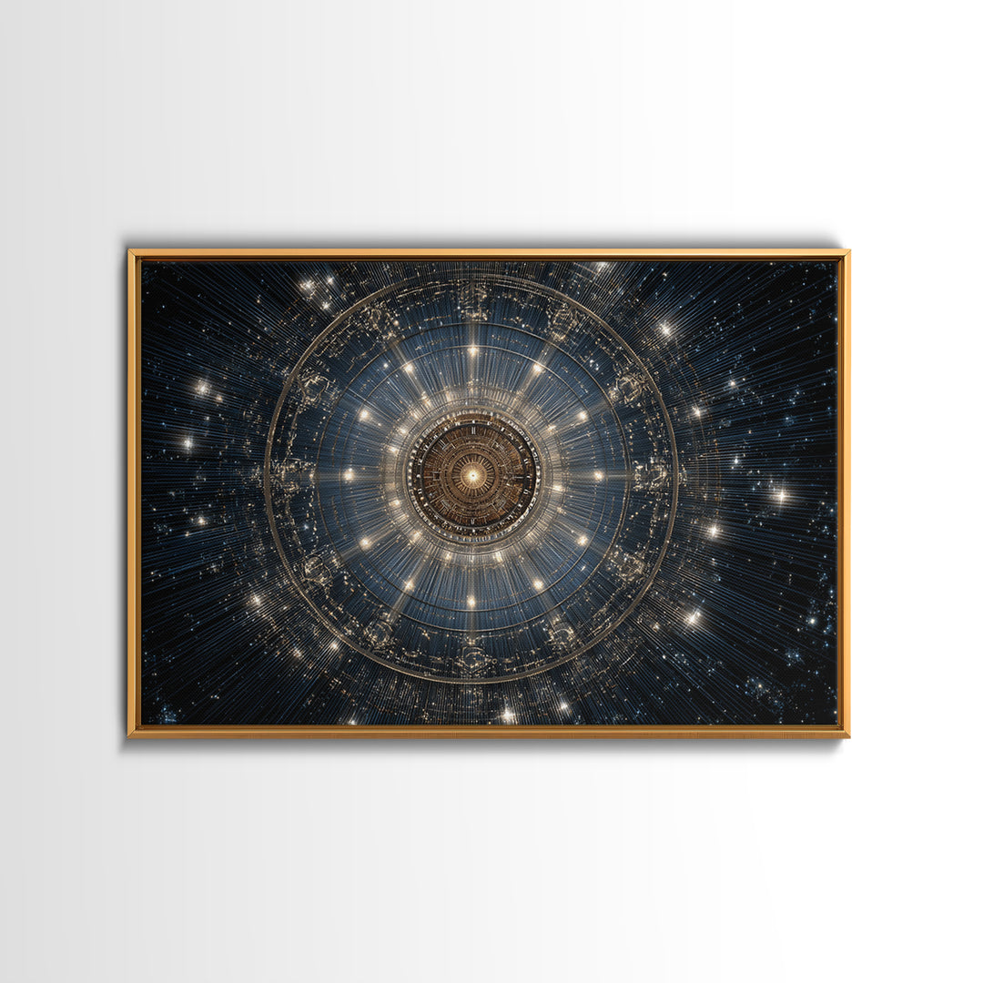 Golden Celestial Mechanical Mandala Wall Art, Cosmic Geometric Art Print, Modern Abstract Space Decor, Statement Poster Gift