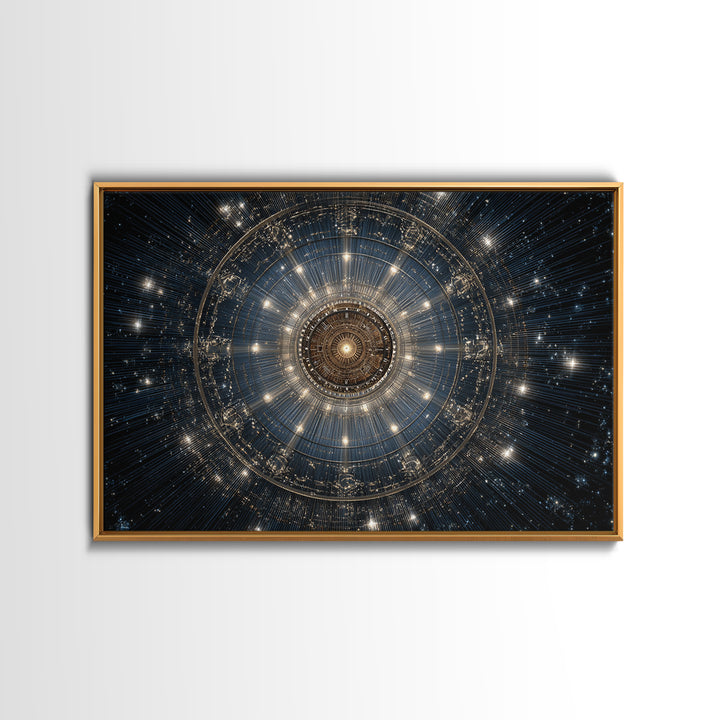 Golden Celestial Mechanical Mandala Wall Art, Cosmic Geometric Art Print, Modern Abstract Space Decor, Statement Poster Gift