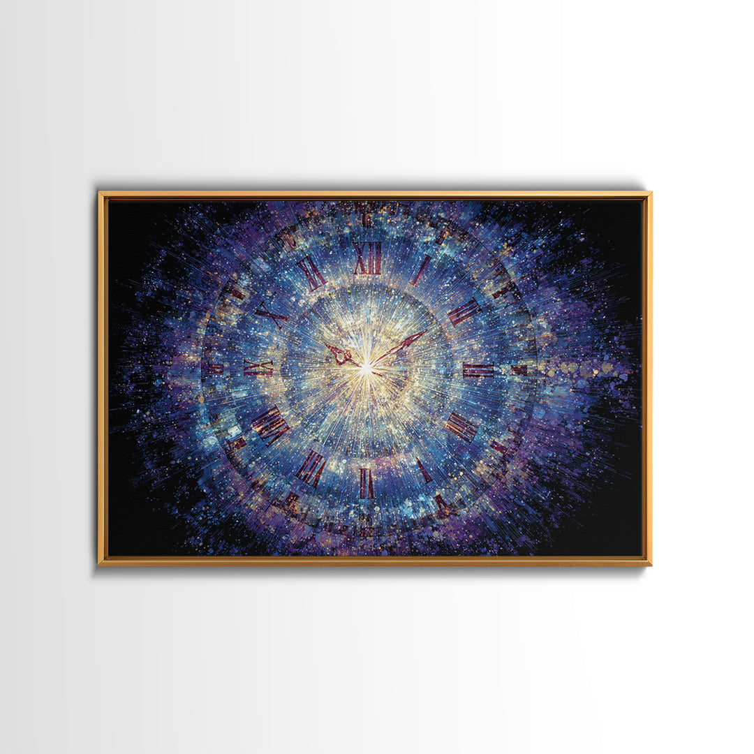 Exploding Cosmic Clock With Roman Numerals Canvas Print, Blue Space Abstract Art, Modern Wall Art, Celestial Time Decor Poster