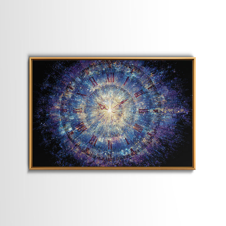 Exploding Cosmic Clock With Roman Numerals Canvas Print, Blue Space Abstract Art, Modern Wall Art, Celestial Time Decor Poster