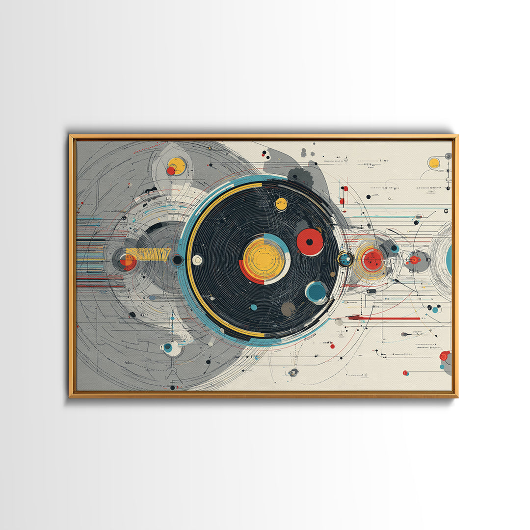 Retro Futuristic Orbital Circles Framed Canvas Print, Midcentury Modern Abstract Art, Geometric Wall Art, MCM Decor, Living Room Art