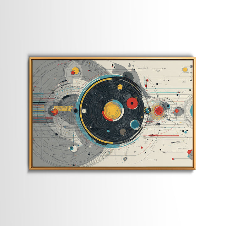 Retro Futuristic Orbital Circles Framed Canvas Print, Midcentury Modern Abstract Art, Geometric Wall Art, MCM Decor, Living Room Art
