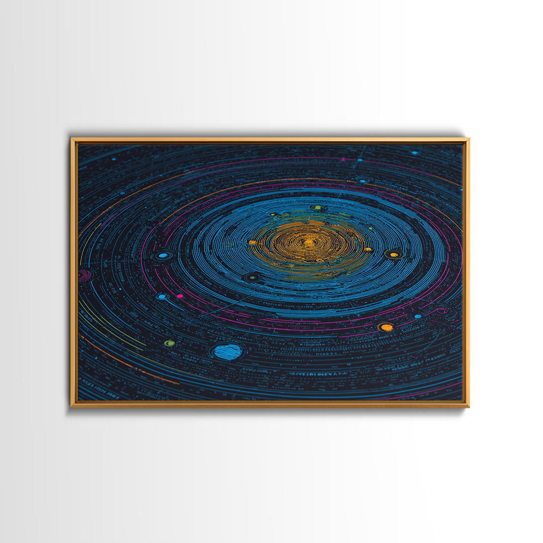 Blue Solar System Canvas Print, Planetary Orbit Chart Wall Art, Modern Digital Art, Sci Fi Wall Decor, Astronomy Poster Gift