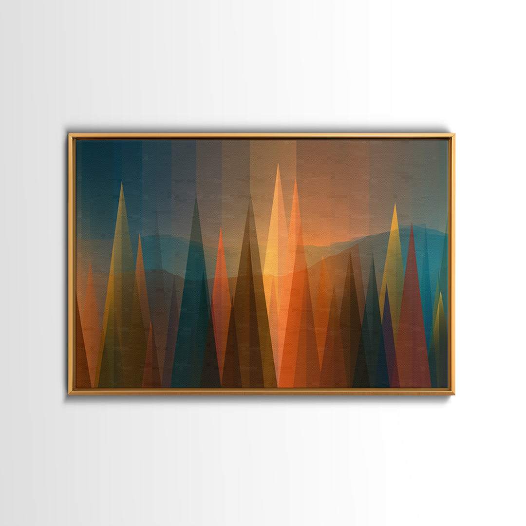 Abstract Sunset Forest Spires Wall Art, Midcentury Modern Canvas Print, Geometric Landscape, Office Decor, MCM Wall Art Print