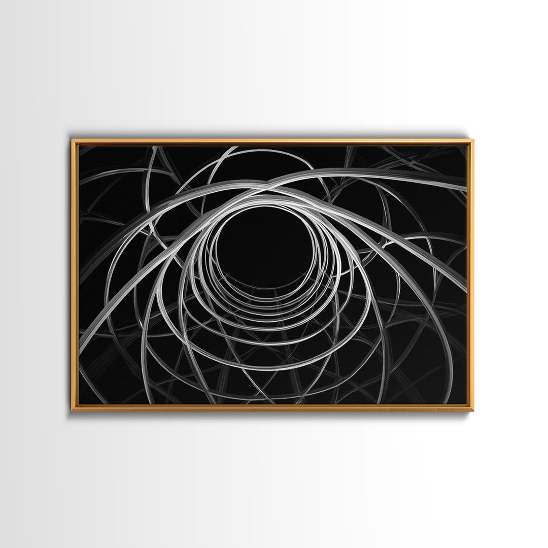 Black And White Orbital Vortex Wall Art, Modern Abstract Line Print, Monochrome Geometric Op Art For Statement Office Decor