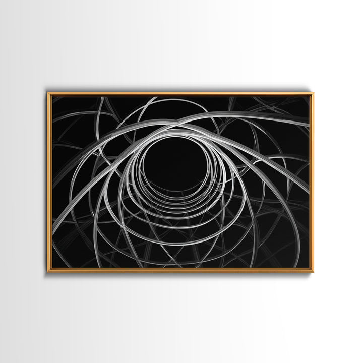Black And White Orbital Vortex Wall Art, Modern Abstract Line Print, Monochrome Geometric Op Art For Statement Office Decor