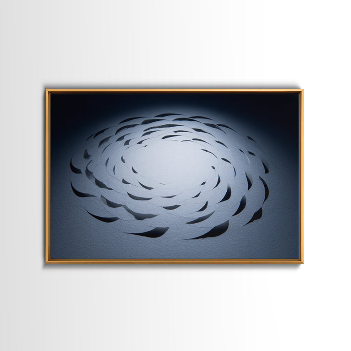 White Paper Cut Spiral Flower Canvas Print, Minimalist Modern Abstract Wall Decor, Blue Black Sculptural Textile Statement Art