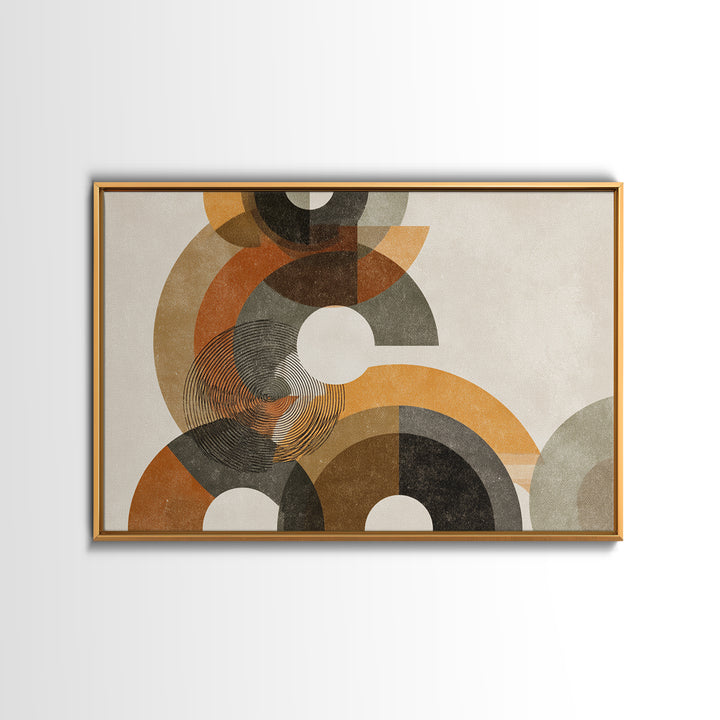 Earthy Orange Black And Beige Circles Framed Canvas Print, Midcentury Modern Abstract Geometric Wall Decor, Retro MCM Art