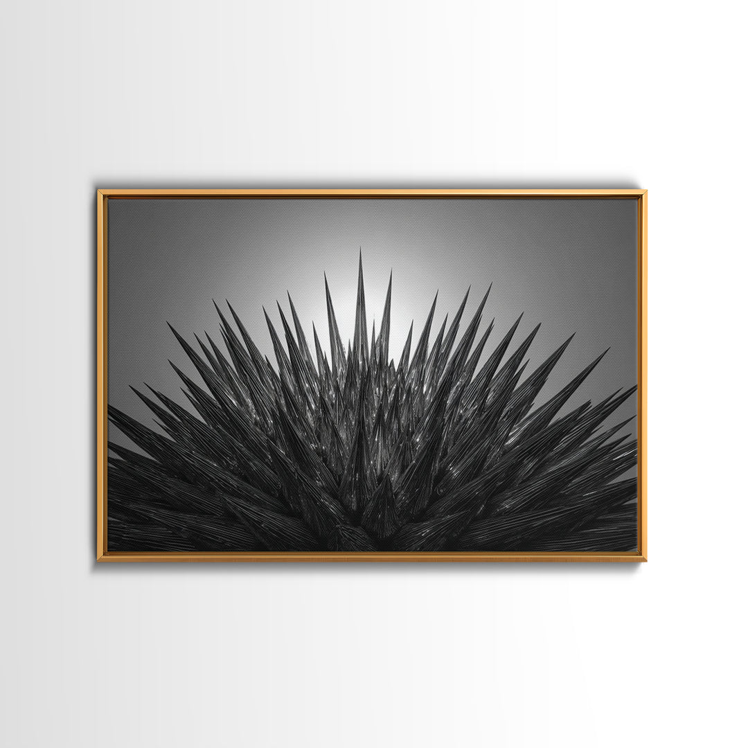 Black Spiky Radial Feather Abstract Wall Art, Monochrome Modern Nature Print, Dramatic Geometric Statement Office Decor