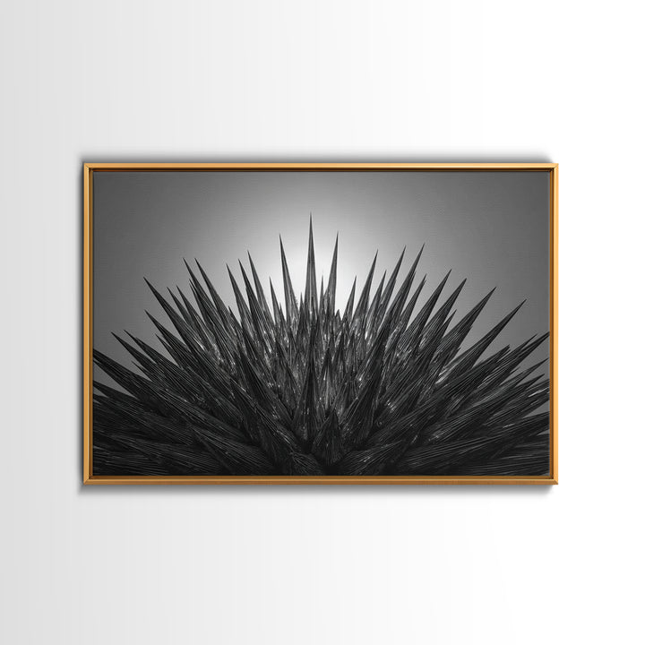Black Spiky Radial Feather Abstract Wall Art, Monochrome Modern Nature Print, Dramatic Geometric Statement Office Decor