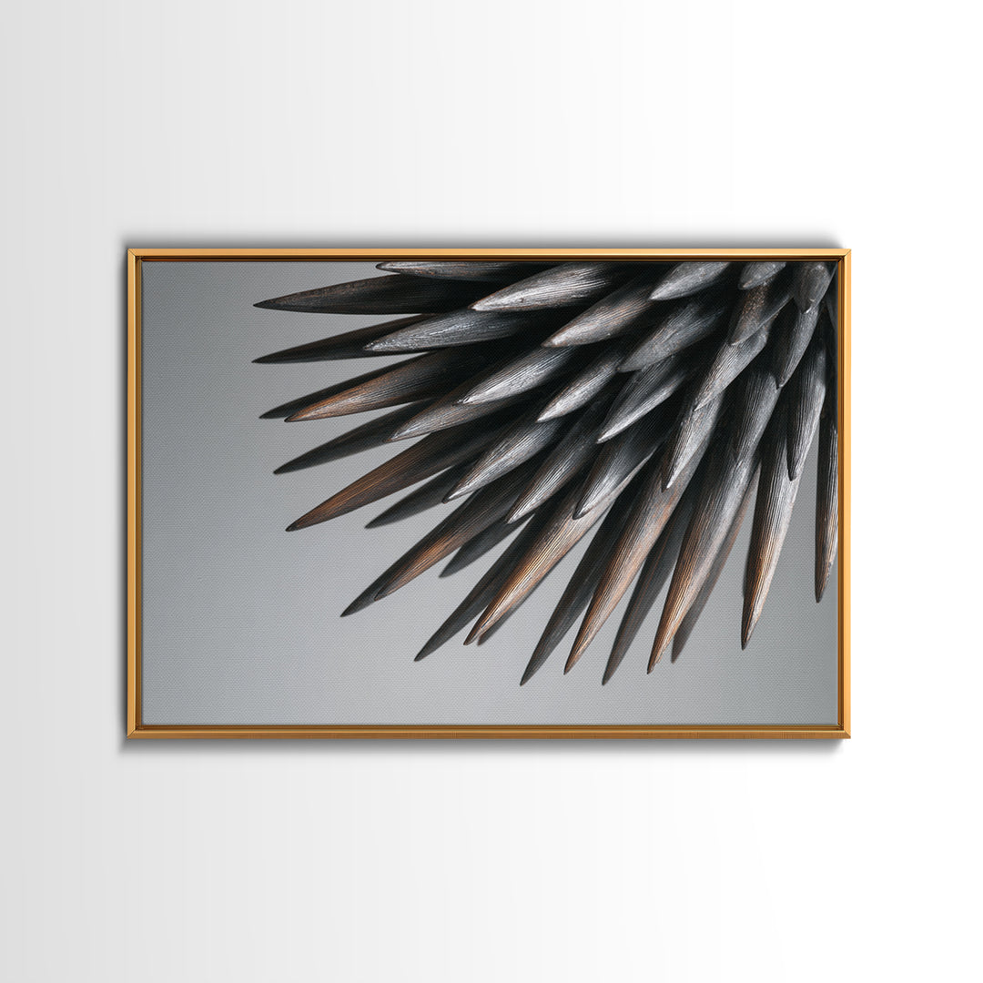 Metallic Black Spines Close Up Canvas Print, Modern Abstract Nature Office Wall Decor, Minimalist Monochrome Statement Art