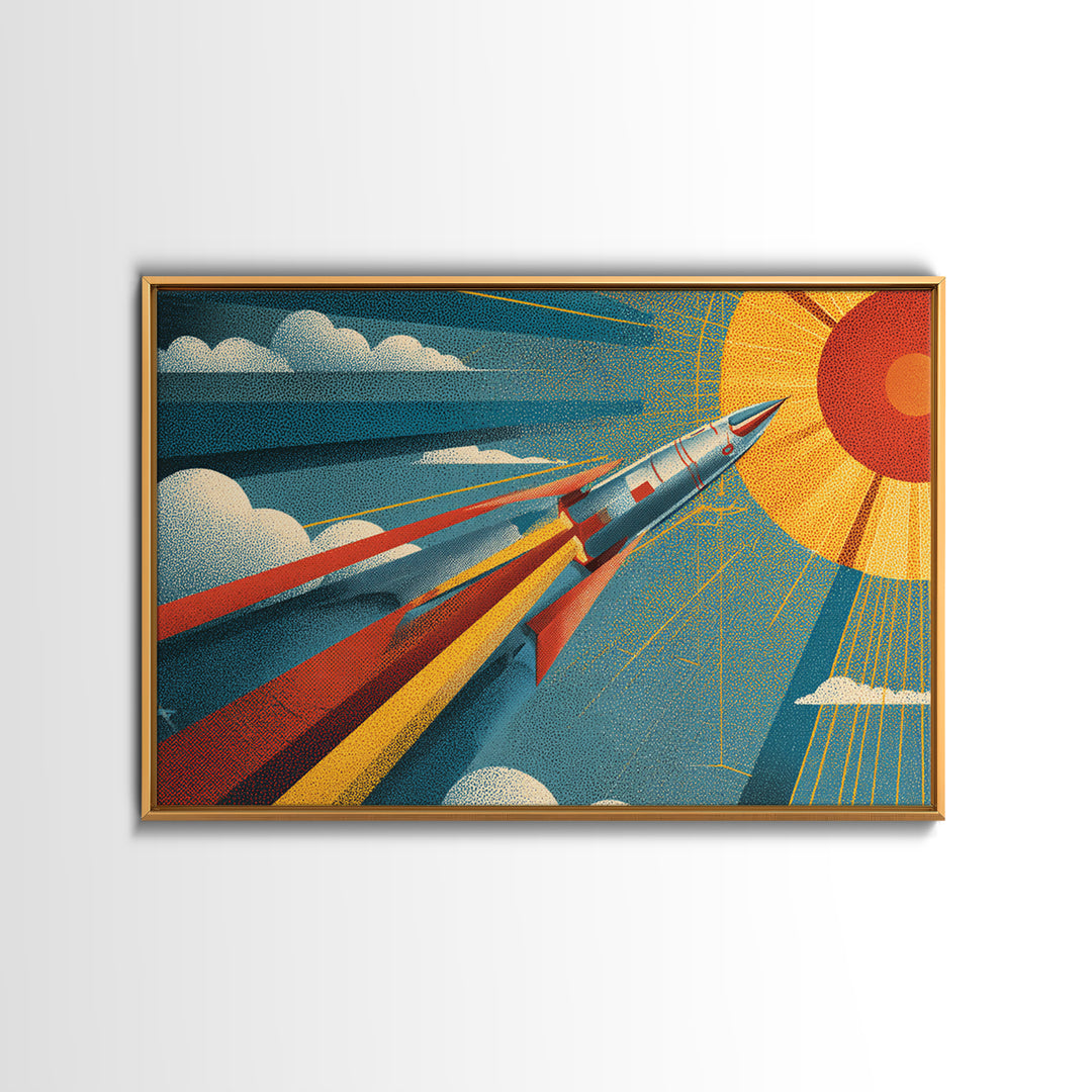 Sleek Rocket Flying Toward Sun Canvas Print, Retro Futurist Space Wall Decor, Mid Century Modern Art, Atomic Sci Fi Poster
