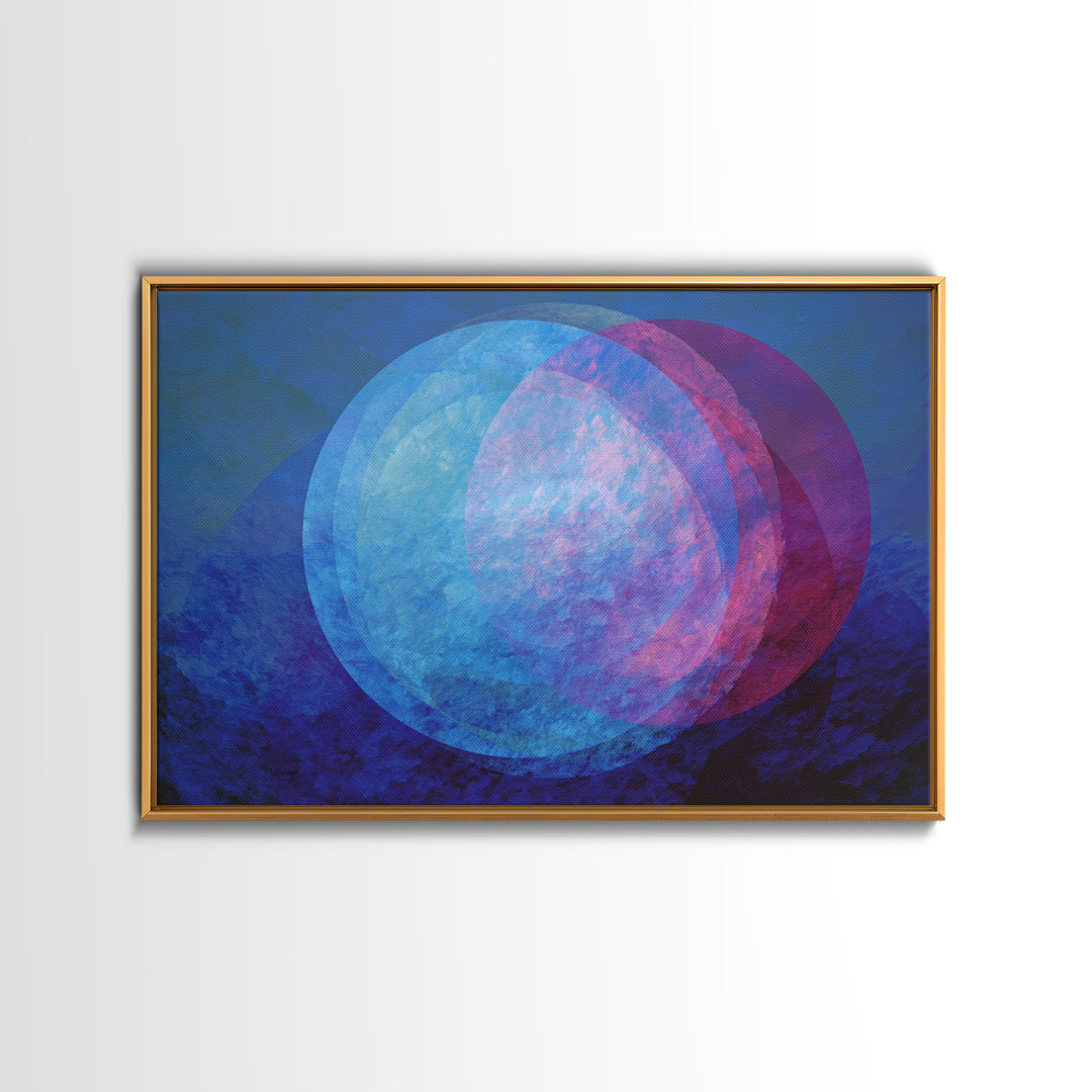 Blue Magenta Overlapping Moons Canvas Print, Abstract Space Wall Decor, Modern Geometric Art, Moody Bedroom Poster, Blue Wall Art
