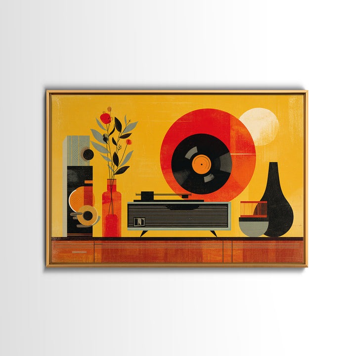 Bold Yellow Stereo And Red Vinyl, Mid Century Modern Canvas Print, Retro Music Room Wall Decor, MCM Record Player Poster