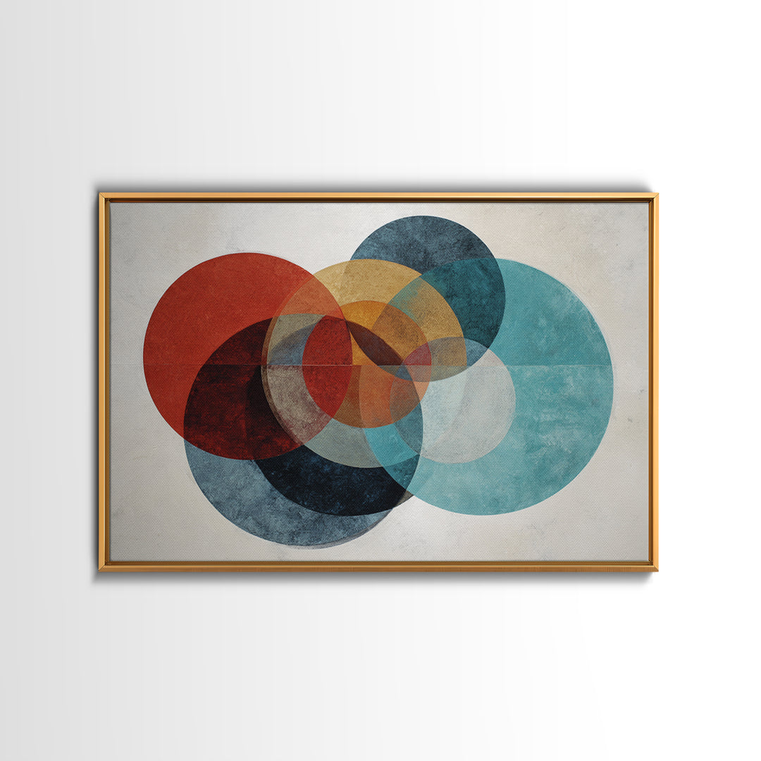 Textured Overlapping Circles Wall Art, Red Teal Mustard Abstract Print, Mid Century Modern Decor, Geometric Living Room Poster