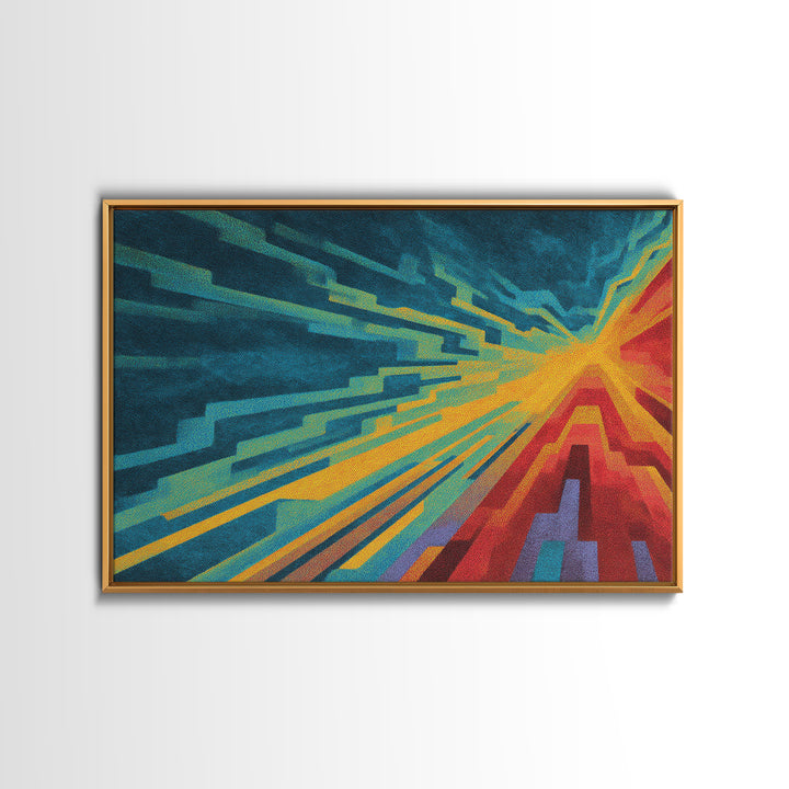 Neon Geometric Speed Lines In Teal Orange, Canvas Print, Abstract Wall Art, Modern Digital Art Poster For Gaming Room Decor