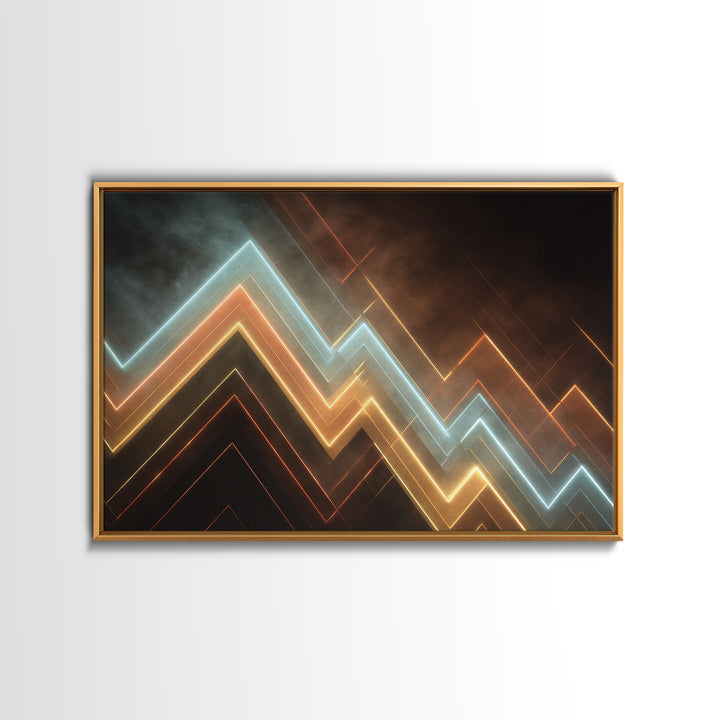 Glowing Neon Chevron Lines In Smoky Dark, Canvas Print, Geometric Wall Art, Modern Abstract Poster For Office Or Game Room