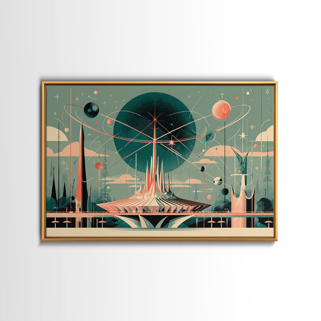Atomic Futurist Pavilion Canvas Print, Midcentury Modern Wall Art, Retro Space Age Decor, Geometric MCM Architecture Poster