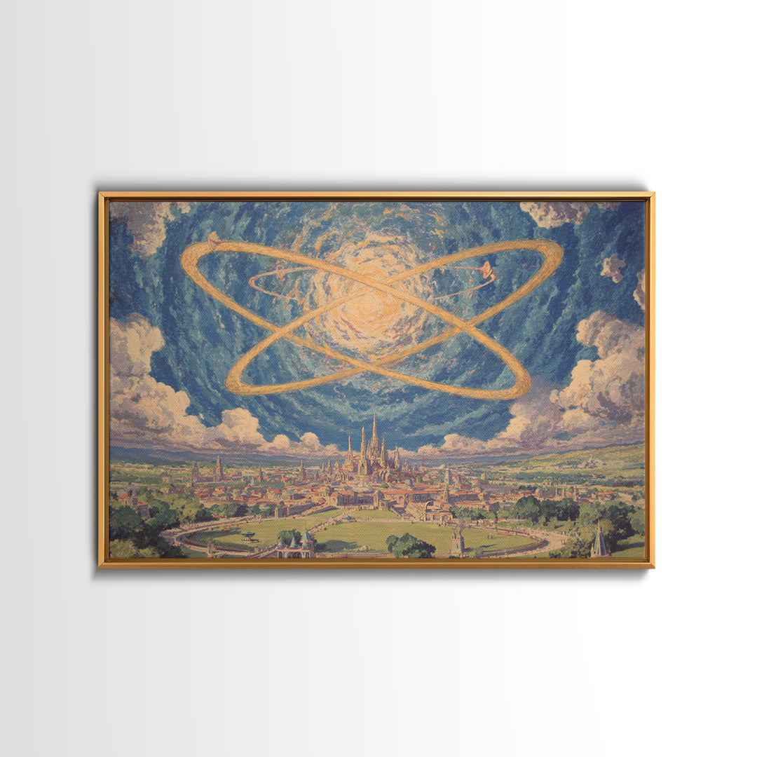 Glowing Atomic Rings Over Utopian City Wall Art, Retro Futurist Landscape Print, Midcentury Modern Sci Fi MCM Decor Poster