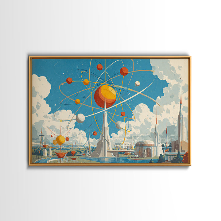 Atomic Solar System Skyline Framed Canvas Print, Midcentury Modern Sci Fi Wall Art, Retro Space Age MCM City Decor Poster