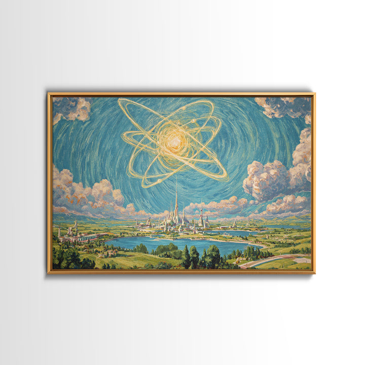 Radiant Atomic Sky Over Future City Wall Art, Midcentury Modern Sci Fi Landscape Poster, Retro Space Age MCM Decor Print
