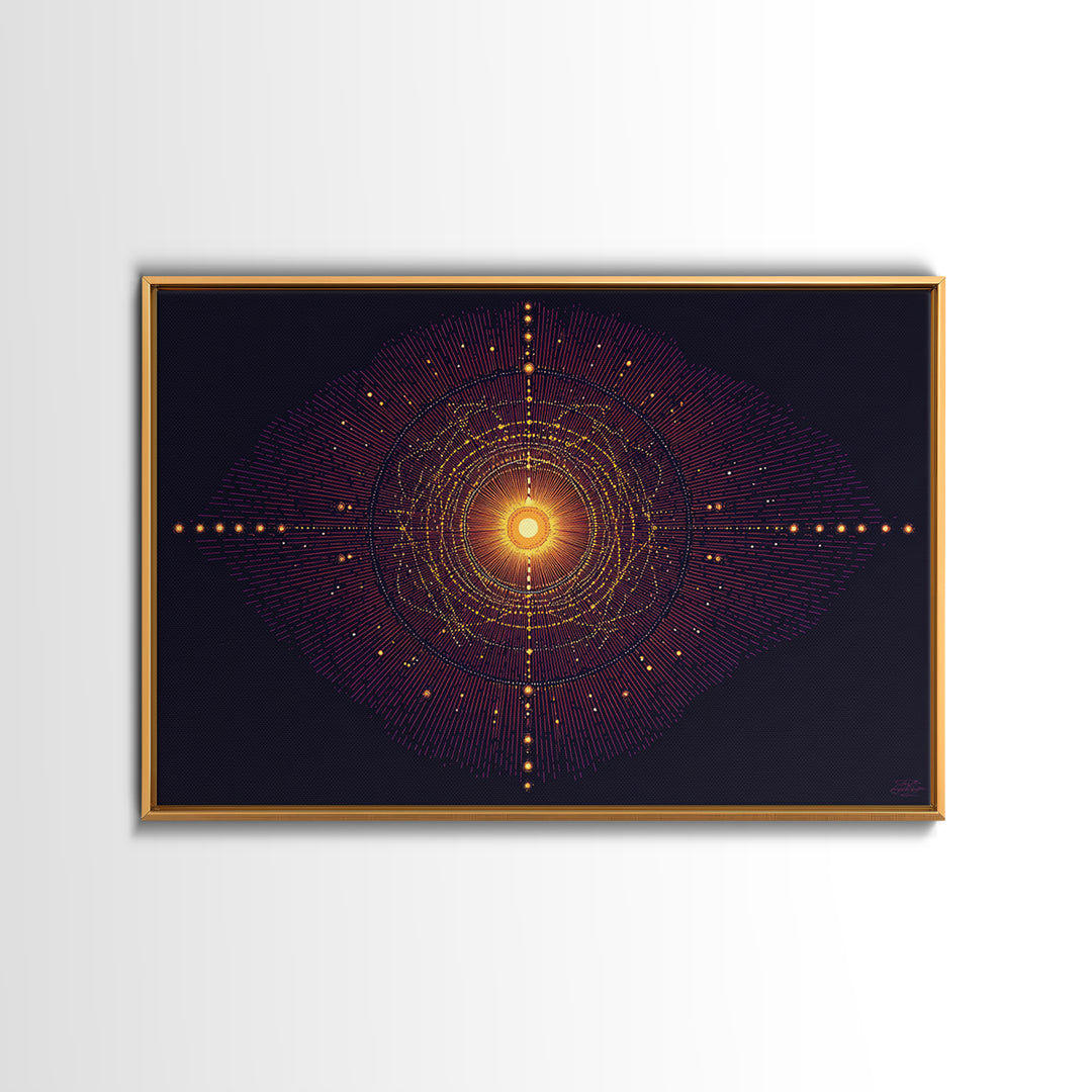 Glowing Orange Cosmic Mandala Wall Art, Midcentury Modern Abstract Art Print, Space Geometric Retro Decor, Large MCM Poster