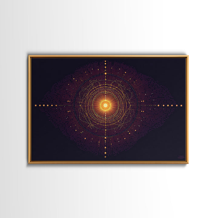Glowing Orange Cosmic Mandala Wall Art, Midcentury Modern Abstract Art Print, Space Geometric Retro Decor, Large MCM Poster