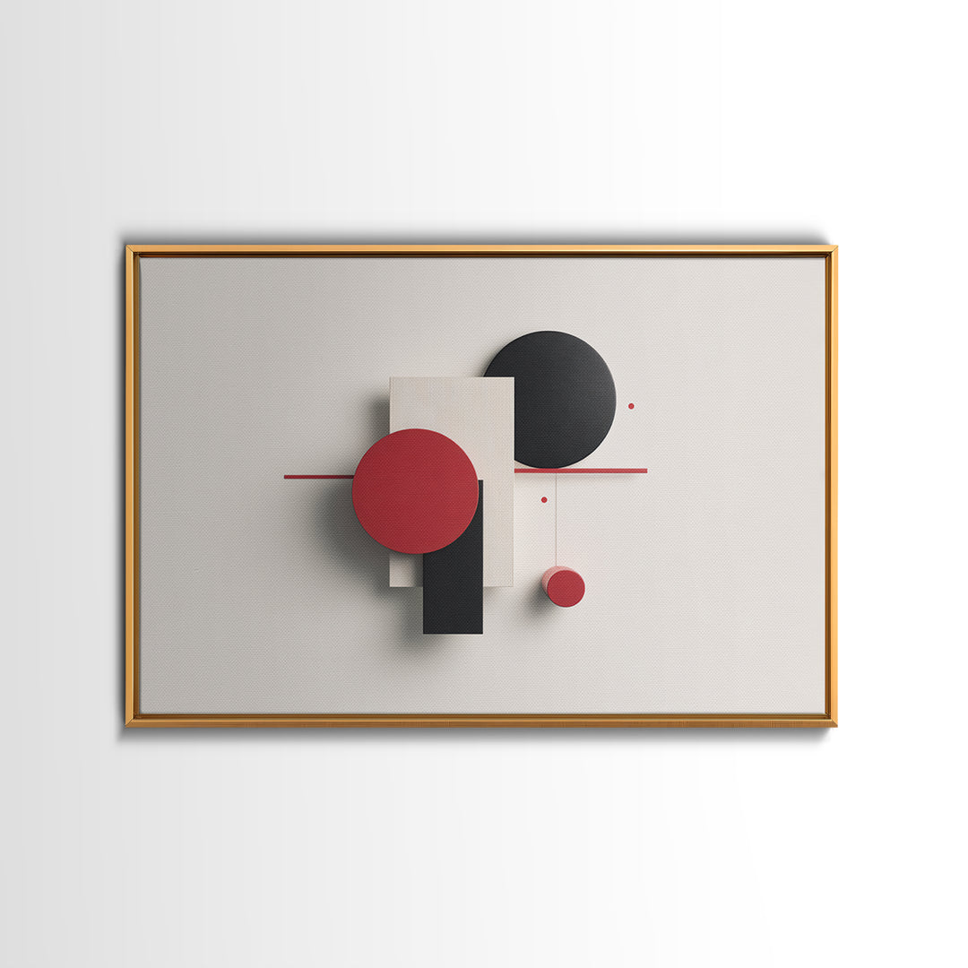 Red Black White Dimensional Shapes Framed Canvas Print, Midcentury Modern Wall Art, Geometric Abstract MCM Decor, Bold Poster