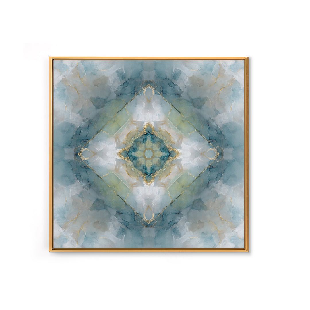Mandala with Soft Gold and Indigo Symmetry Framed Canvas Print, Meditation Art, Zen Wall Art, Living Room Decor, Stillness, MED-1x1-2