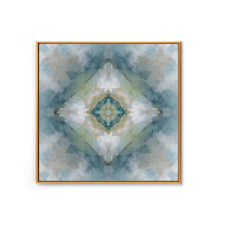 Mandala with Soft Gold and Indigo Symmetry Framed Canvas Print, Meditation Art, Zen Wall Art, Living Room Decor, Stillness, MED-1x1-2