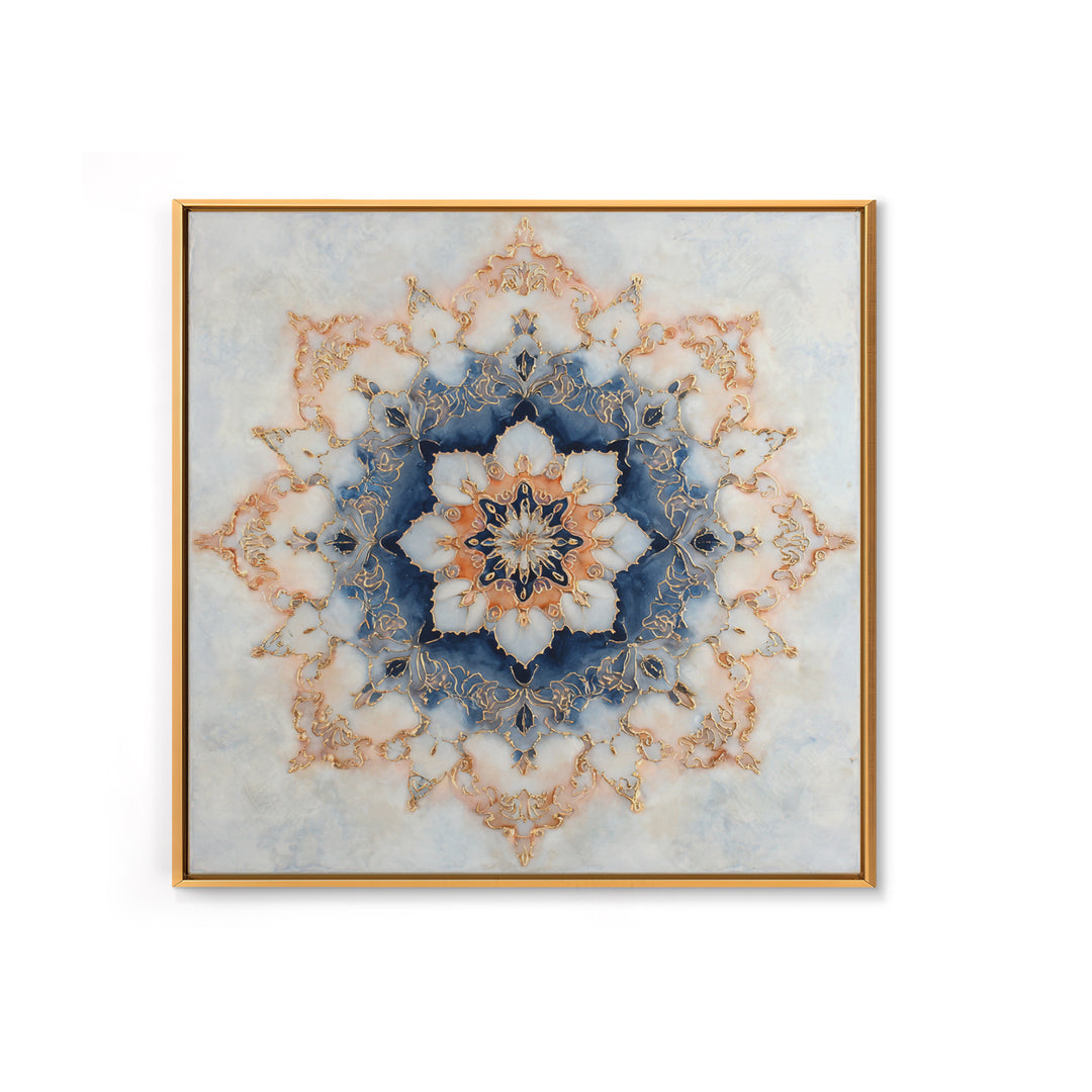 Mandala with Soft Gold and Indigo Symmetry Canvas Print, Meditation Art, Printable Artwork, Living Room Decor, Stillness, MED-1x1-26