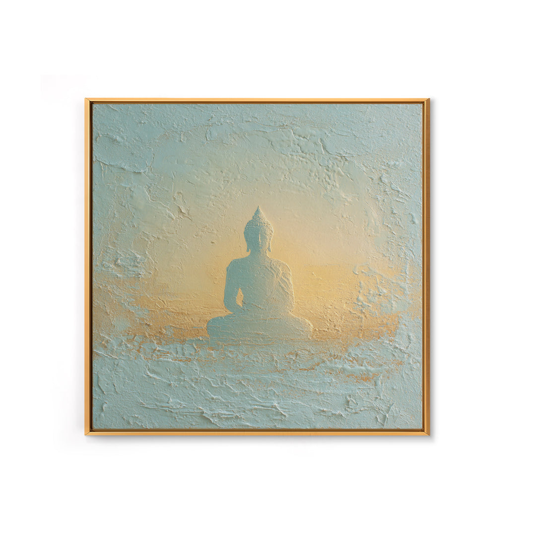 Buddha Silhouette Surrounded by Warm Light Canvas Print, Meditation Art, Neutral Wall Art, Living Room Decor, Stillness, MED-1x1-31