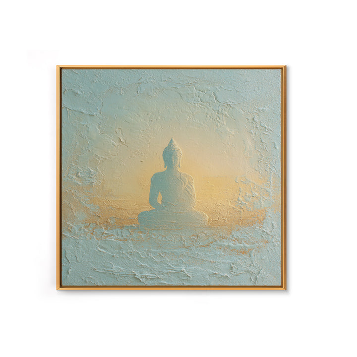 Buddha Silhouette Surrounded by Warm Light Canvas Print, Meditation Art, Neutral Wall Art, Living Room Decor, Stillness, MED-1x1-31