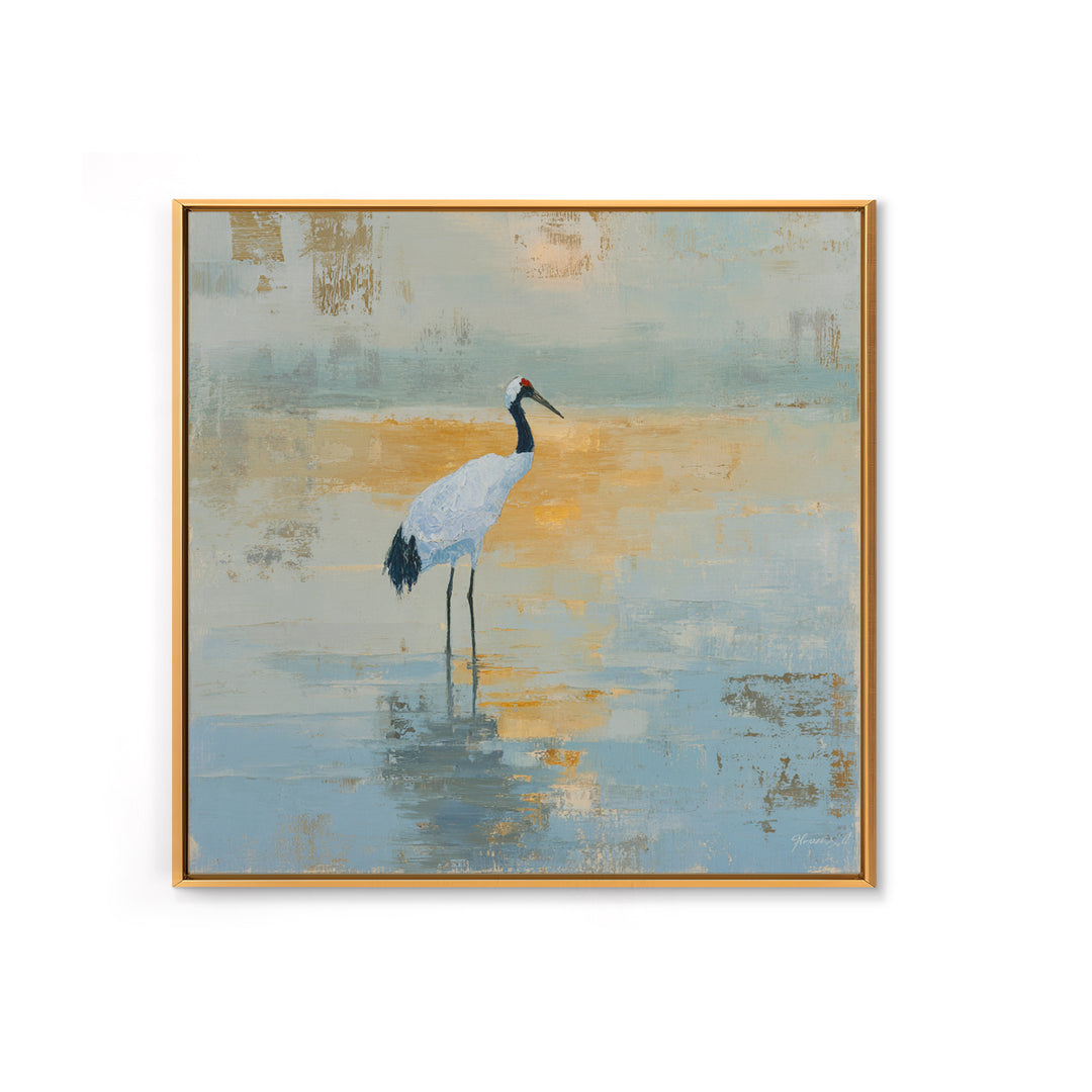 White Crane in Quiet Morning Mist Framed Canvas Print, Meditation Art, Art Print, Living Room Decor, Fine Art, Stillness, MED-1x1-40
