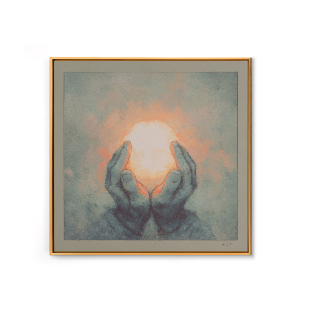 Hands Holding a Tiny Glowing Sun Canvas Print, Meditation Art, Contemporary Art, Living Room Decor, Fine Art, Stillness, MED-1x1-60