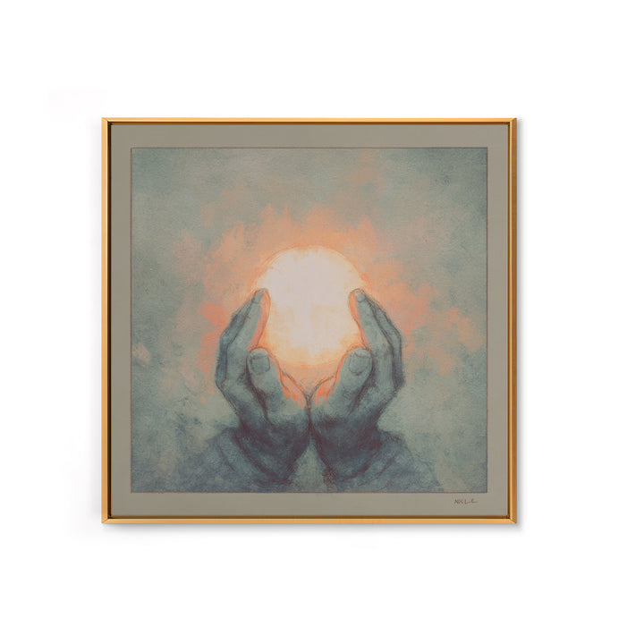 Hands Holding a Tiny Glowing Sun Canvas Print, Meditation Art, Contemporary Art, Living Room Decor, Fine Art, Stillness, MED-1x1-60
