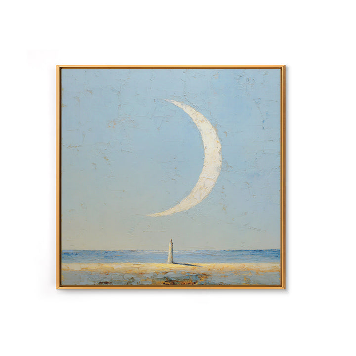 Single Seated Figure Beneath a Crescent Moon Canvas Print, Meditation Art, Statement Artwork, Living Room Decor, Stillness, MED-1x1-75