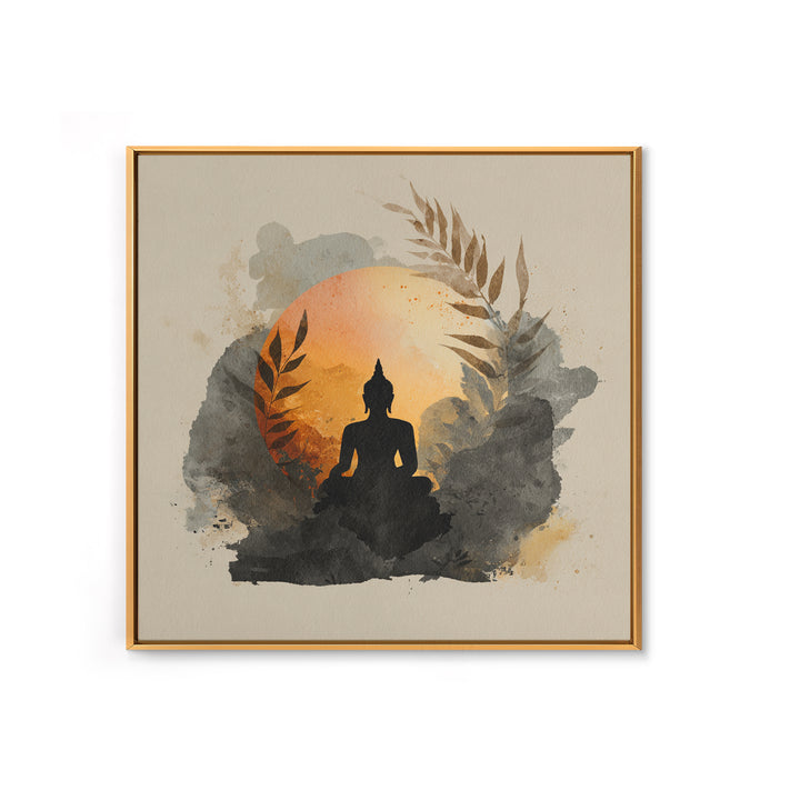 Buddha Silhouette Surrounded by Warm Light Framed Canvas Print, Meditation Art, Boho Decor, Living Room Decor, Oil Painting, MED-1x1-79