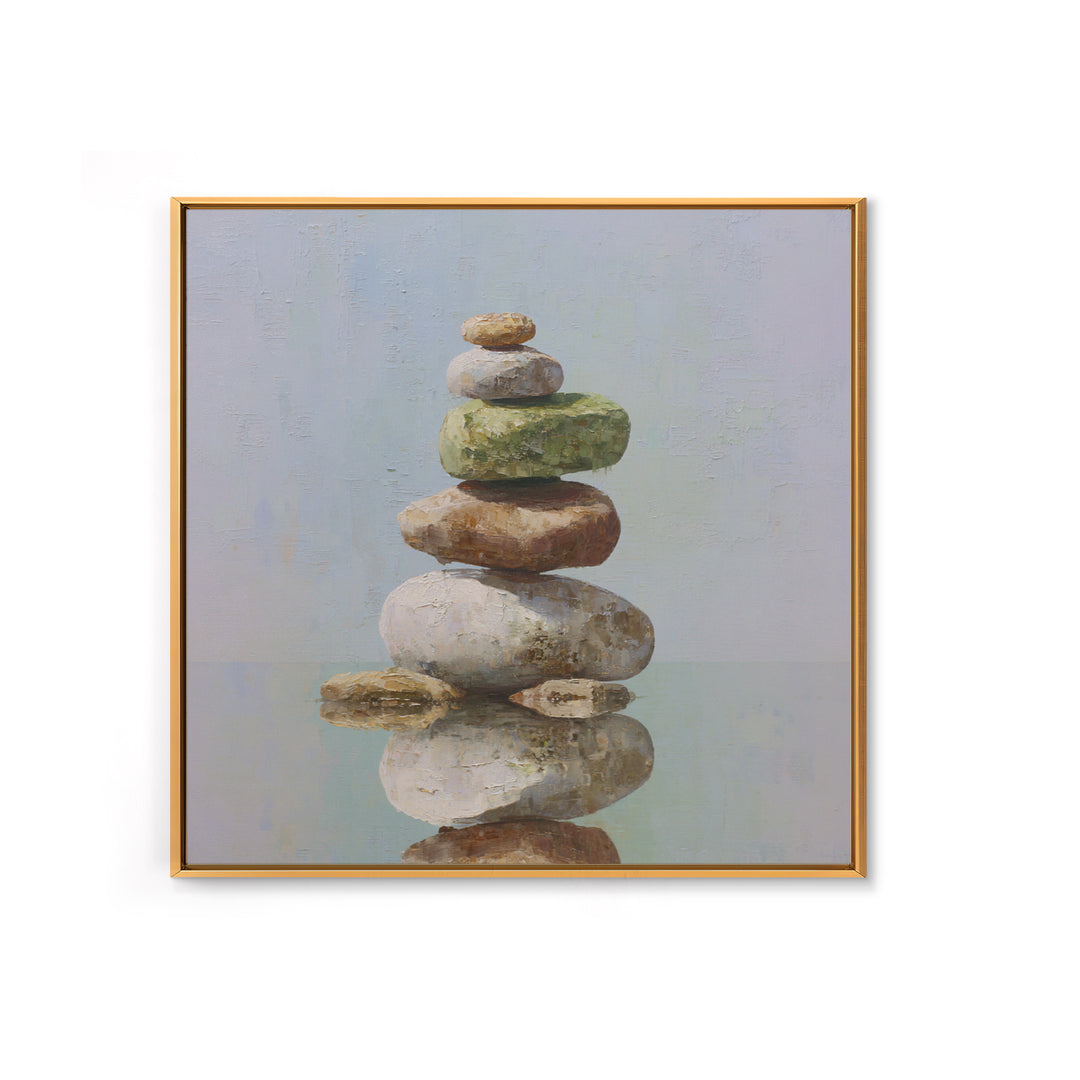Floating Stones Balanced Above Calm Water Framed Canvas Print, Meditation Art, Digital Print, Living Room Decor, Stillness, MED-1x1-8