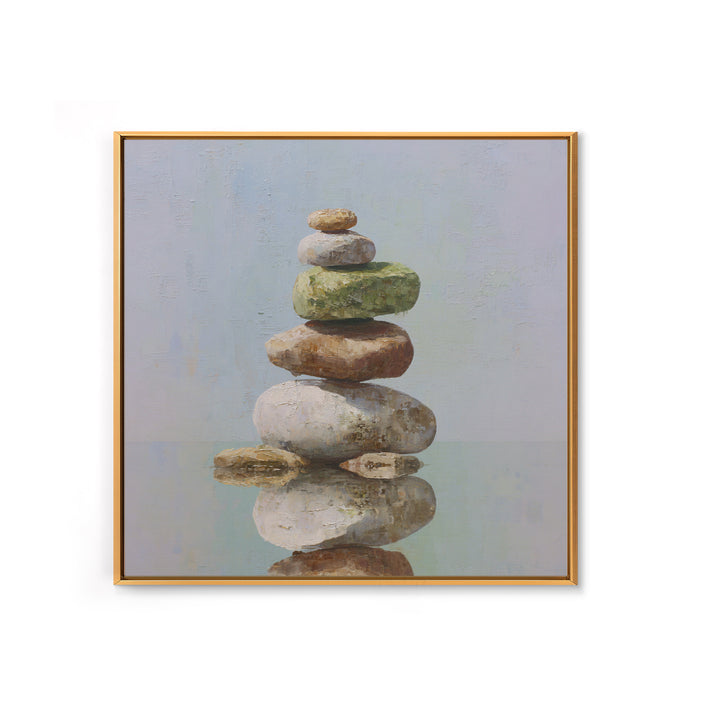 Floating Stones Balanced Above Calm Water Framed Canvas Print, Meditation Art, Digital Print, Living Room Decor, Stillness, MED-1x1-8
