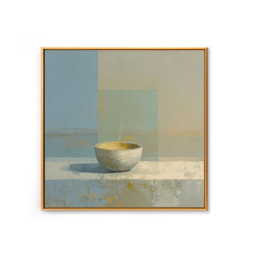Tea Bowl and Steam Framed Canvas Print, Meditation Art, Wall Art, Living Room Decor, Oil Painting, Stillness, Boho Wall Decor, MED-1x1-93