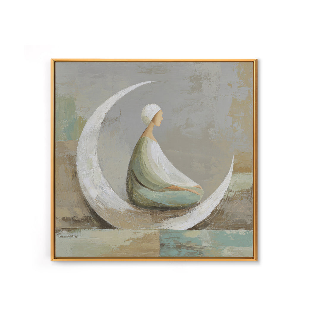 Single Seated Figure Beneath a Crescent Moon Canvas Print, Meditation Art, Digital Wall Art, Living Room Decor, Stillness, MED-1x1-99