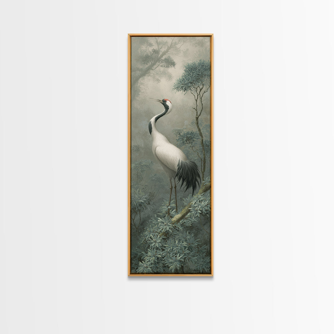 White Crane in Quiet Morning Mist Framed Canvas Print, Meditation Art, Abstract Wall Art, Living Room Decor, Stillness, MED-1x3-52