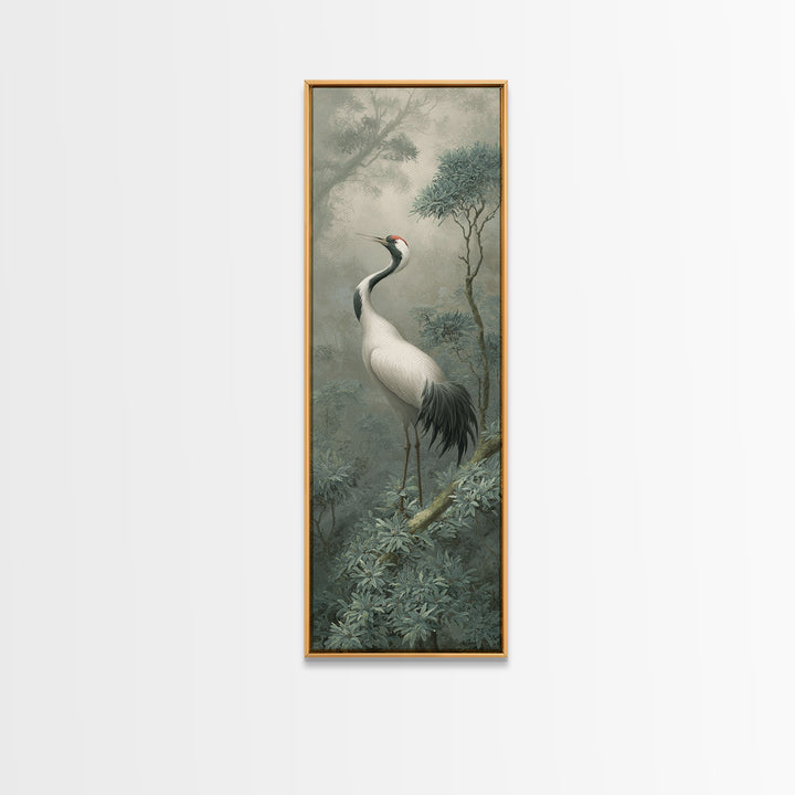 White Crane in Quiet Morning Mist Framed Canvas Print, Meditation Art, Abstract Wall Art, Living Room Decor, Stillness, MED-1x3-52