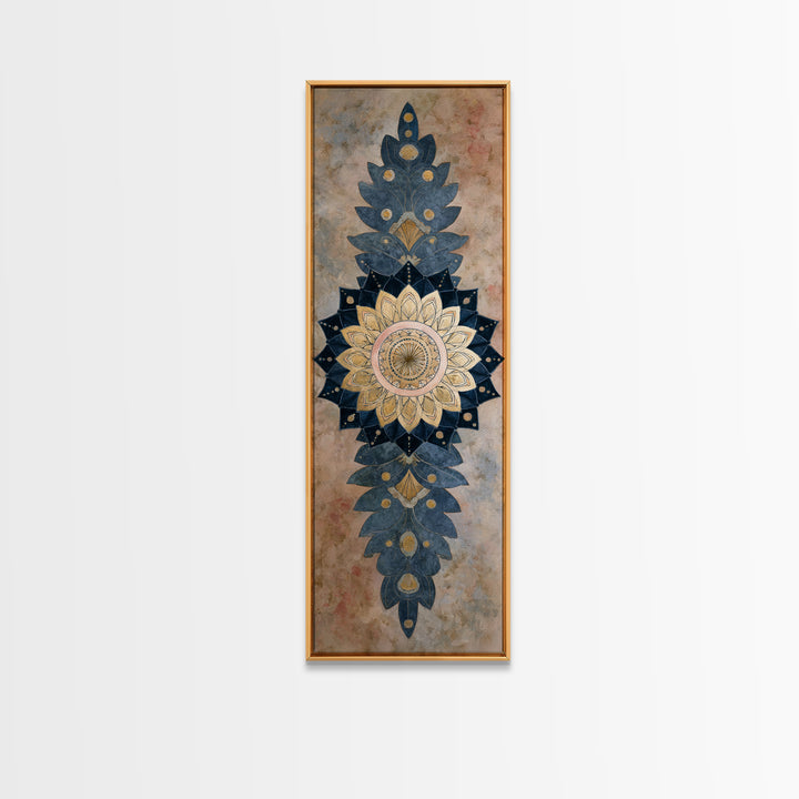 Mandala with Soft Gold and Indigo Symmetry Canvas Print, Meditation Art, Minimalist Decor, Living Room Decor, Stillness, MED-1x3-86