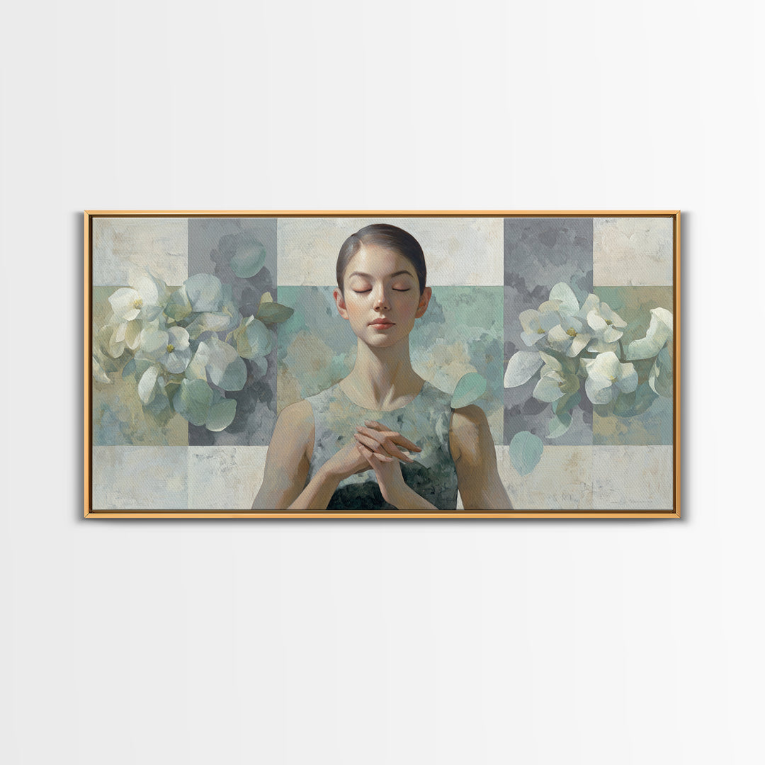 Calm Face Portrait Framed Canvas Print, Meditation Art, Statement Artwork, Living Room Decor, Fine Art, Stillness, Art Deco, MED-2x1-20